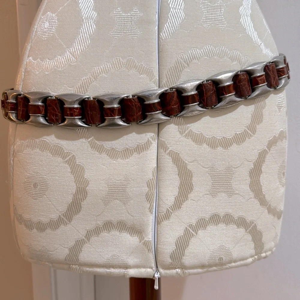 Vintage Leather Brown Unique Heavy Silvertone Embellished Woven Belt